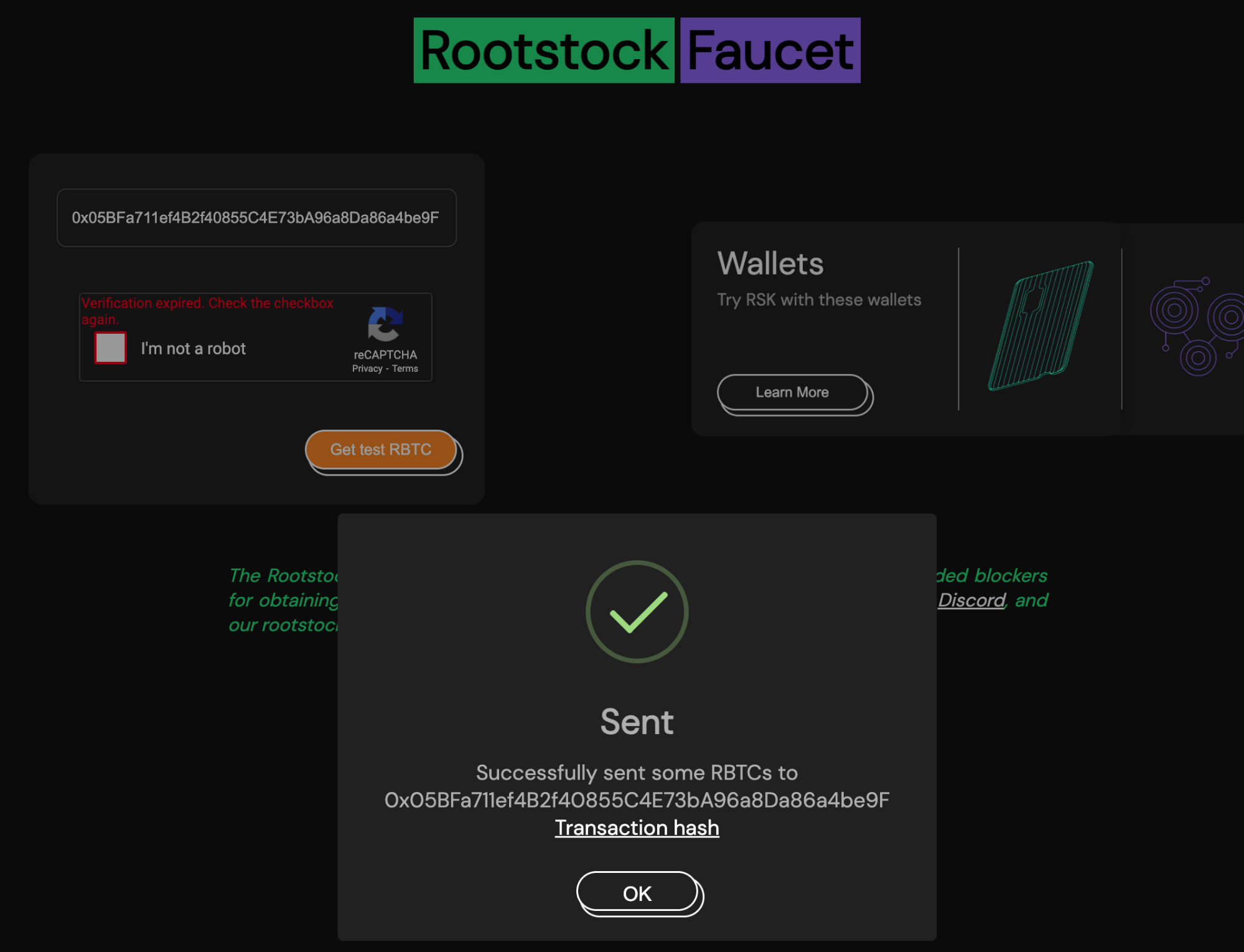 Rootstock Faucet Transaction Confirmation